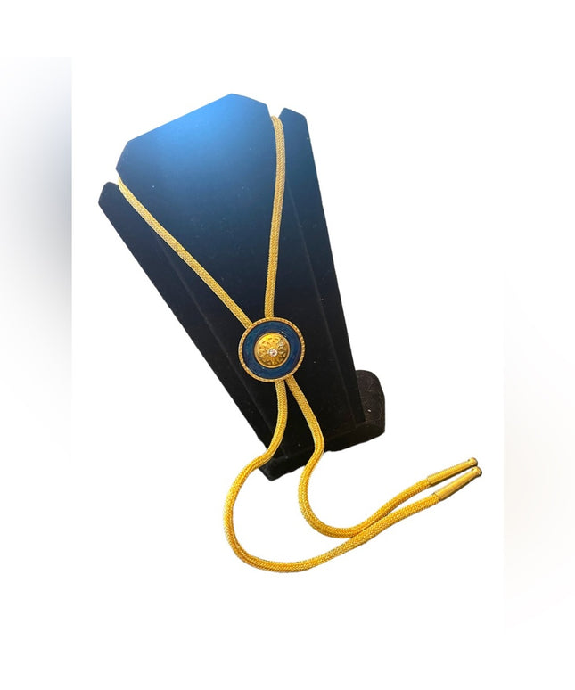 Vintage gold blue enameled crystal fancy bolo necklace