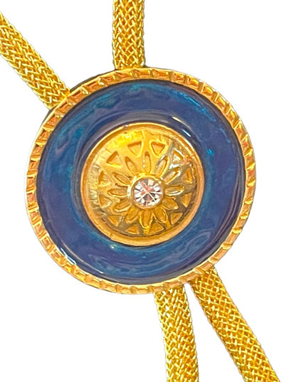 Vintage gold blue enameled crystal fancy bolo necklace