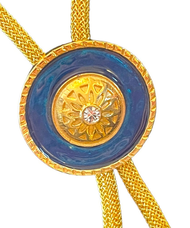 Vintage gold blue enameled crystal fancy bolo necklace