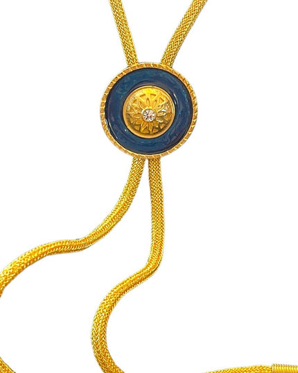 Vintage gold blue enameled crystal fancy bolo necklace
