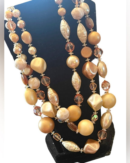 Vintage 3 strand crystal resin glass fancy necklace eartly tones