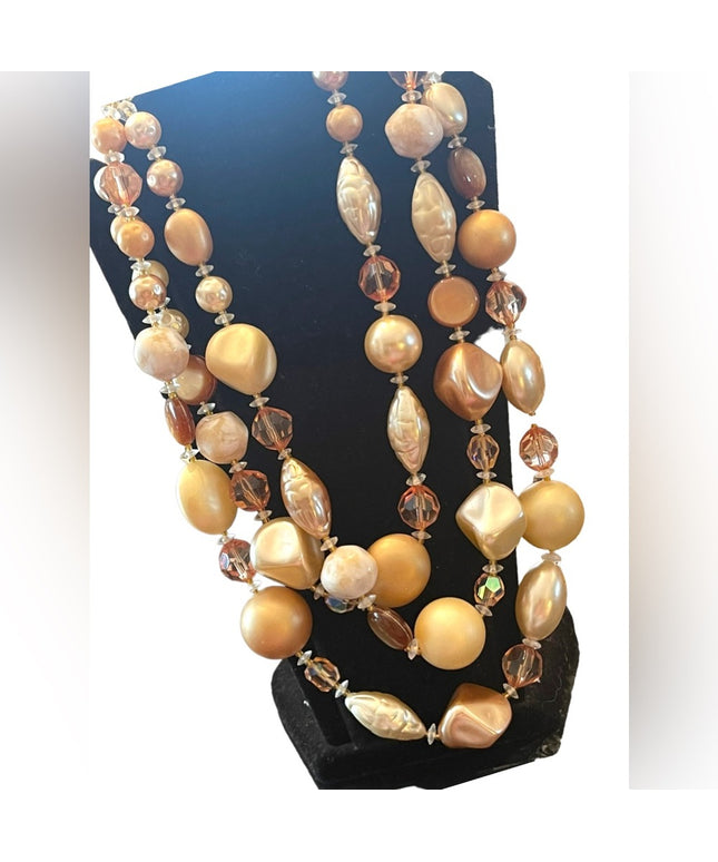 Vintage 3 strand crystal resin glass fancy necklace eartly tones