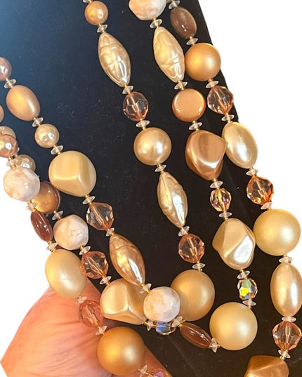Vintage 3 strand crystal resin glass fancy necklace eartly tones