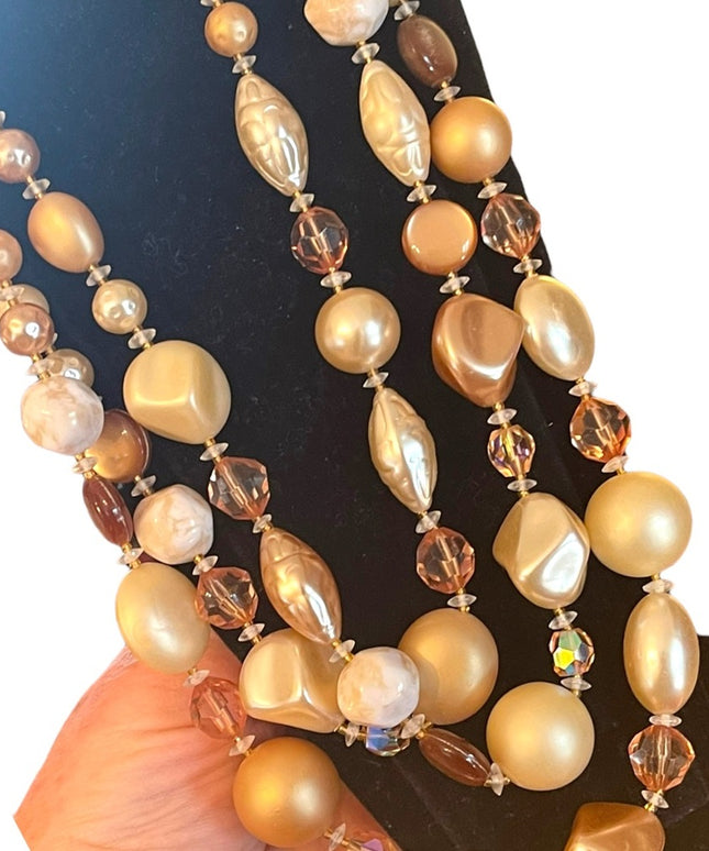 Vintage 3 strand crystal resin glass fancy necklace eartly tones