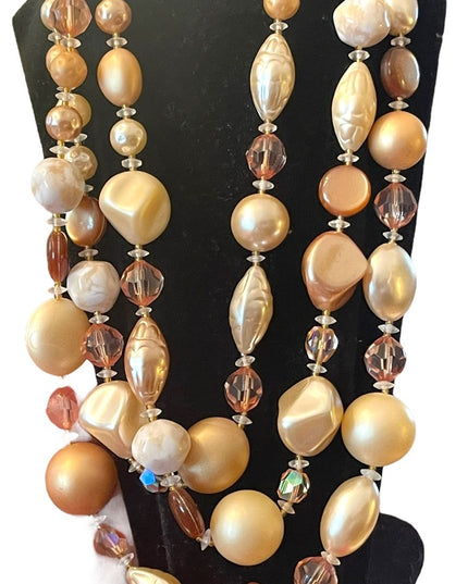 Vintage 3 strand crystal resin glass fancy necklace eartly tones