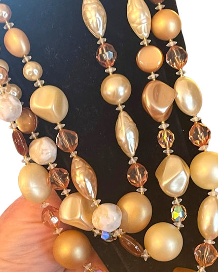 Vintage 3 strand crystal resin glass fancy necklace eartly tones