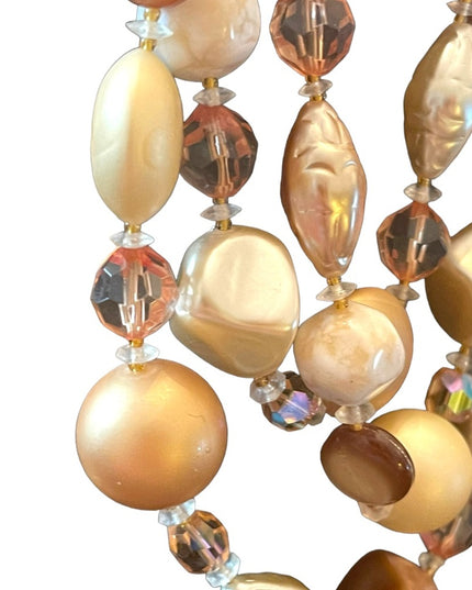 Vintage 3 strand crystal resin glass fancy necklace eartly tones