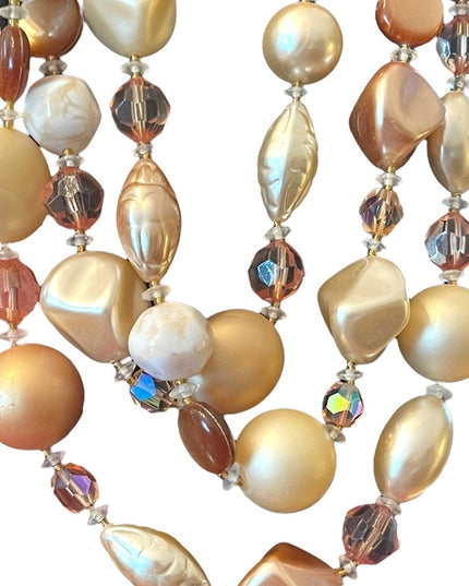 Vintage 3 strand crystal resin glass fancy necklace eartly tones