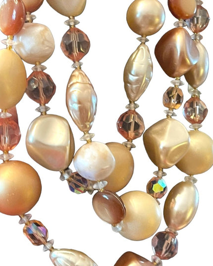 Vintage 3 strand crystal resin glass fancy necklace eartly tones
