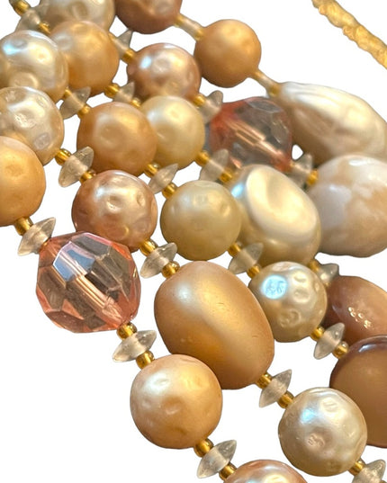 Vintage 3 strand crystal resin glass fancy necklace eartly tones