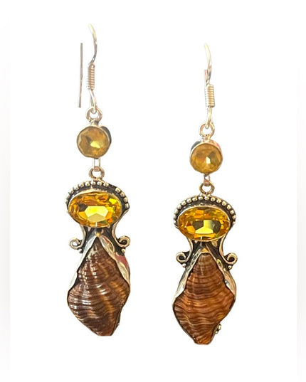 Lovely silver finish Citrine glass & shell handmade Indonesian dangle earrings