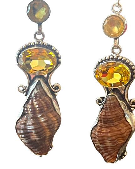 Lovely silver finish Citrine glass & shell handmade Indonesian dangle earrings