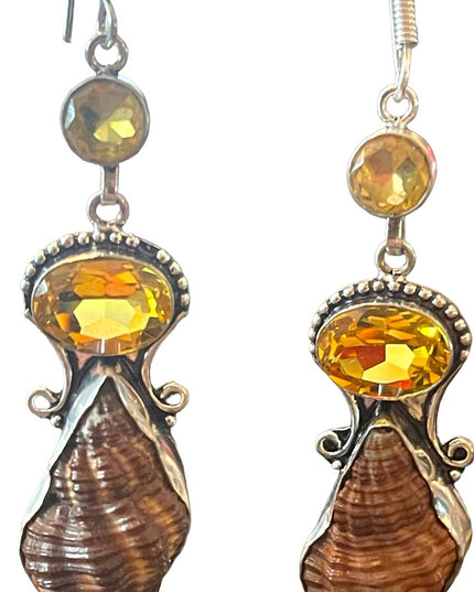 Lovely silver finish Citrine glass & shell handmade Indonesian dangle earrings