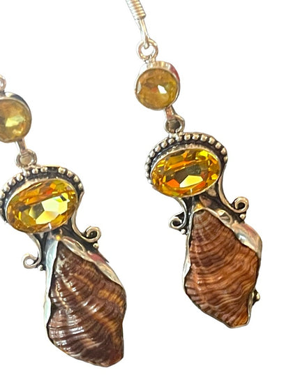 Lovely silver finish Citrine glass & shell handmade Indonesian dangle earrings