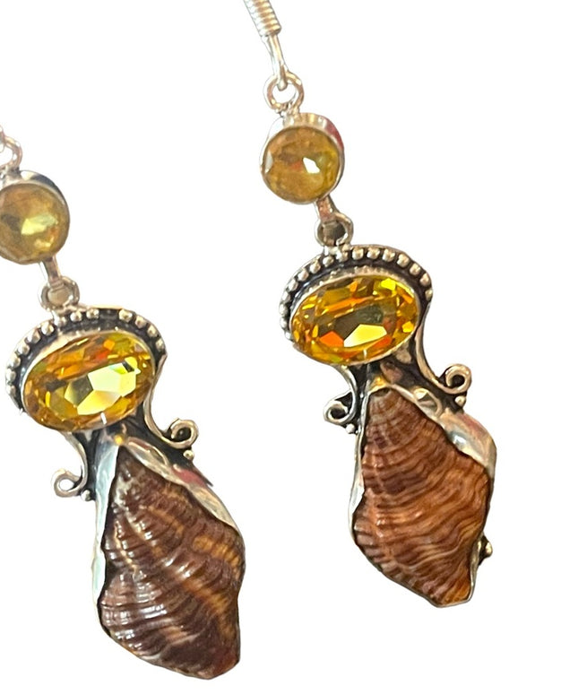 Lovely silver finish Citrine glass & shell handmade Indonesian dangle earrings
