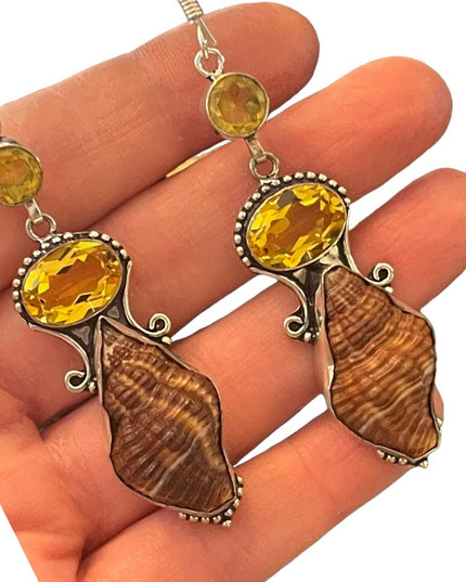 Lovely silver finish Citrine glass & shell handmade Indonesian dangle earrings