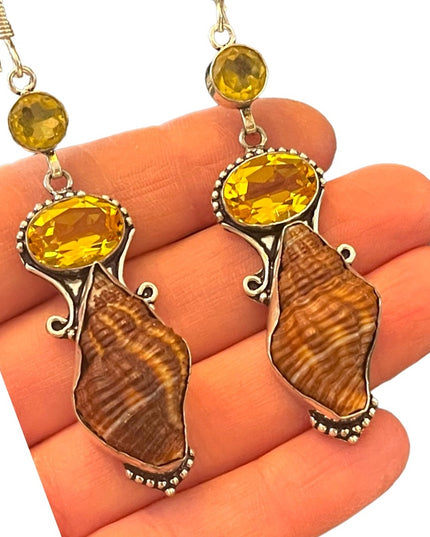 Lovely silver finish Citrine glass & shell handmade Indonesian dangle earrings