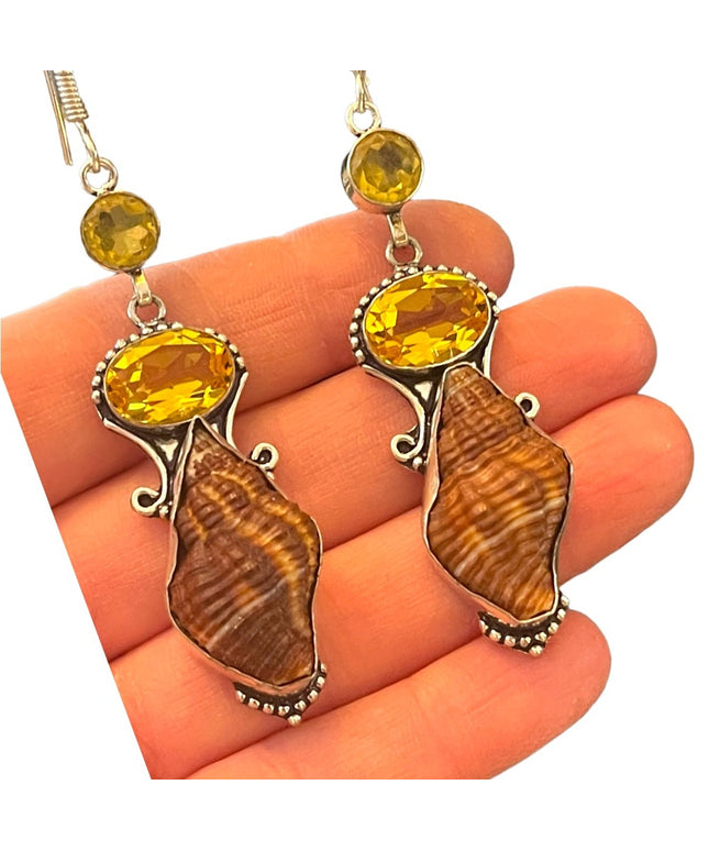 Lovely silver finish Citrine glass & shell handmade Indonesian dangle earrings