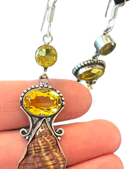 Lovely silver finish Citrine glass & shell handmade Indonesian dangle earrings