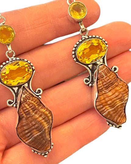 Lovely silver finish Citrine glass & shell handmade Indonesian dangle earrings
