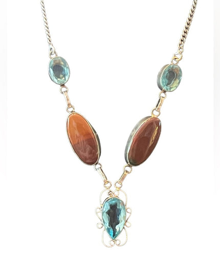 Fancy Silver finish Indonesian stone & blue topaz glass princess necklace