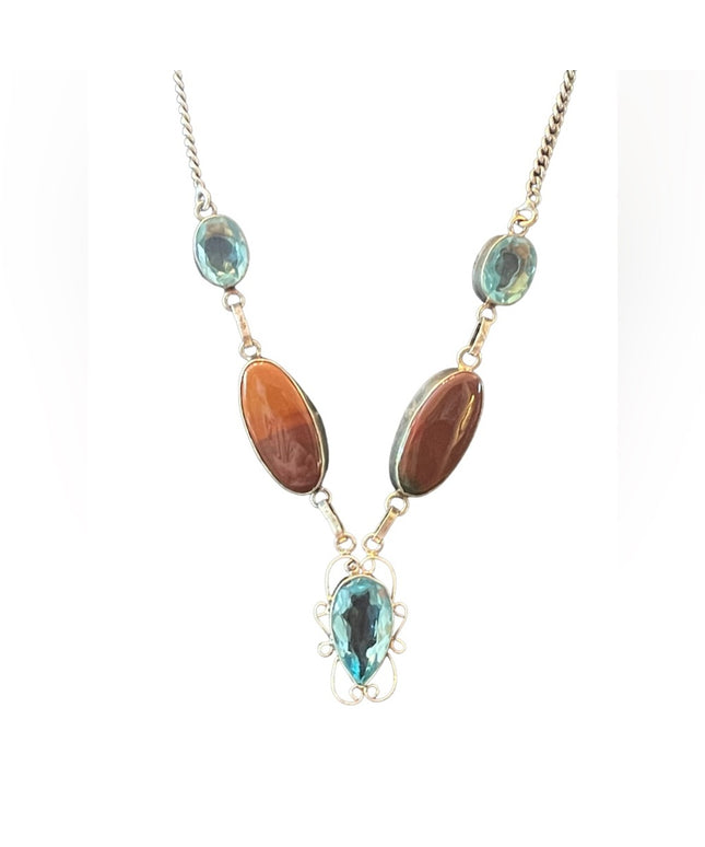 Fancy Silver finish Indonesian stone & blue topaz glass princess necklace