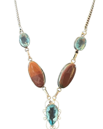 Fancy Silver finish Indonesian stone & blue topaz glass princess necklace