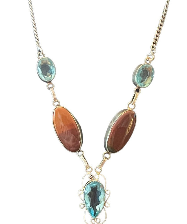 Fancy Silver finish Indonesian stone & blue topaz glass princess necklace
