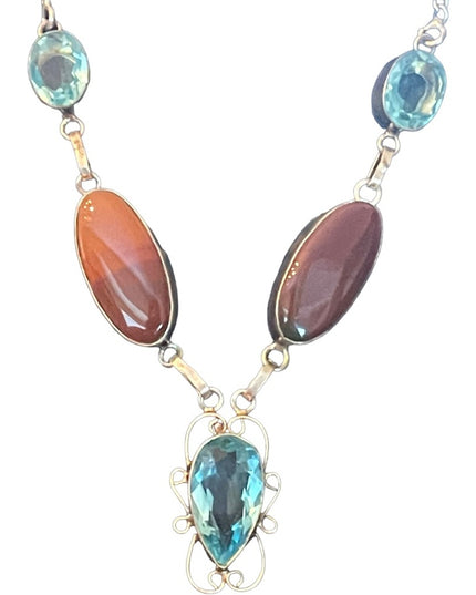Fancy Silver finish Indonesian stone & blue topaz glass princess necklace