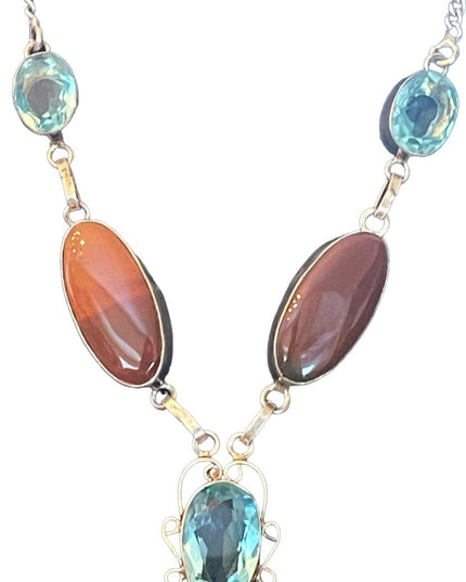 Fancy Silver finish Indonesian stone & blue topaz glass princess necklace