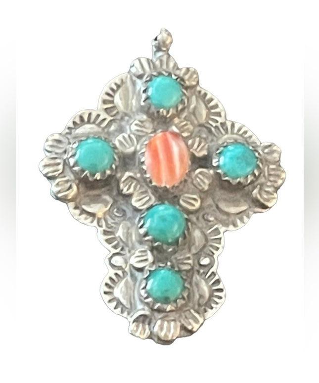 Vintage 70's James Shay Navajo Sterling Silver cross pendant turquoise coral