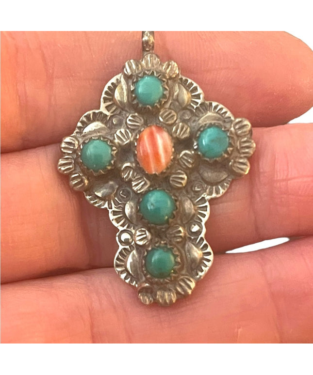 Vintage 70's James Shay Navajo Sterling Silver cross pendant turquoise coral