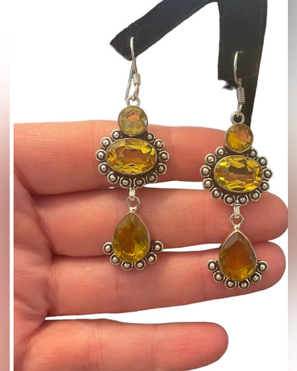 Fancy Indonesian silver citrine glass dangle earrings