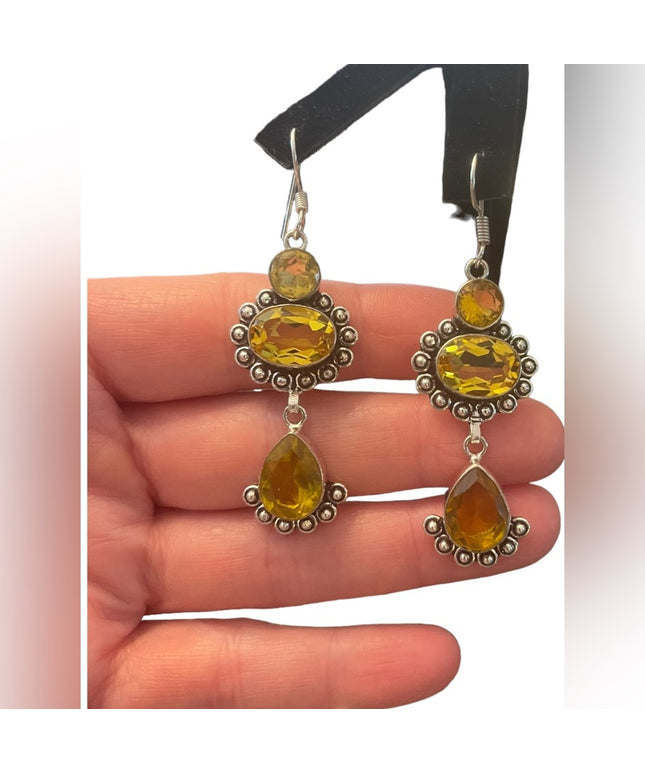 Fancy Indonesian silver citrine glass dangle earrings