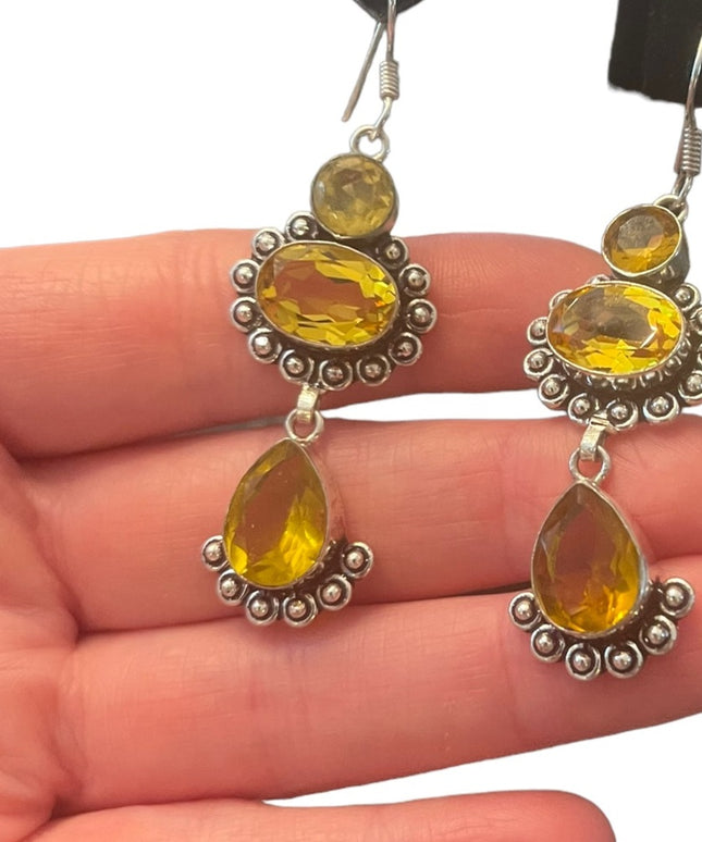Fancy Indonesian silver citrine glass dangle earrings