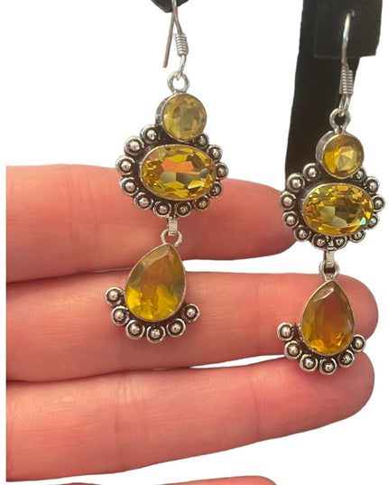 Fancy Indonesian silver citrine glass dangle earrings