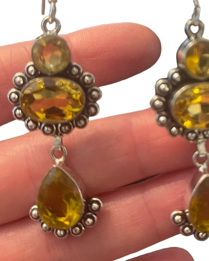 Fancy Indonesian silver citrine glass dangle earrings