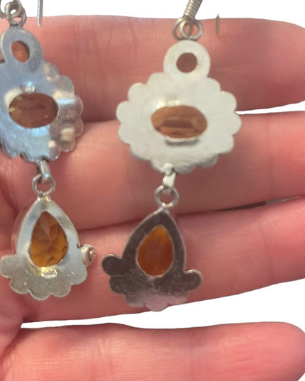 Fancy Indonesian silver citrine glass dangle earrings