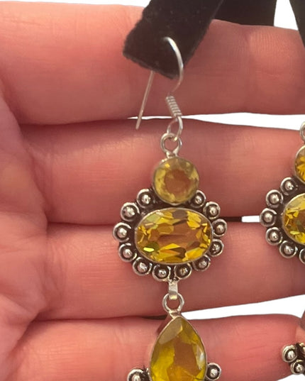 Fancy Indonesian silver citrine glass dangle earrings