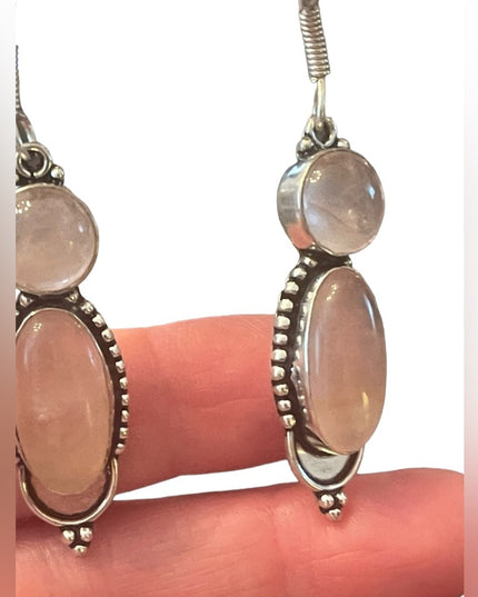 Fancy silver rose quartz stone Indonesian dangle earrings