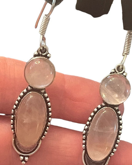Fancy silver rose quartz stone Indonesian dangle earrings