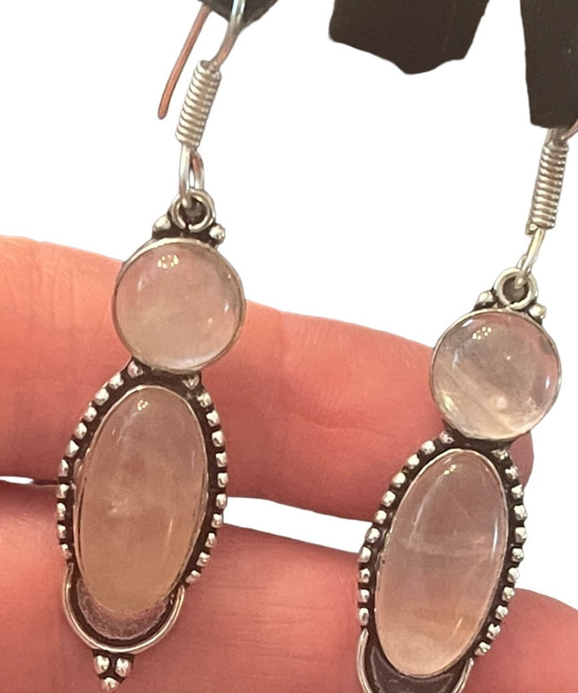 Fancy silver rose quartz stone Indonesian dangle earrings