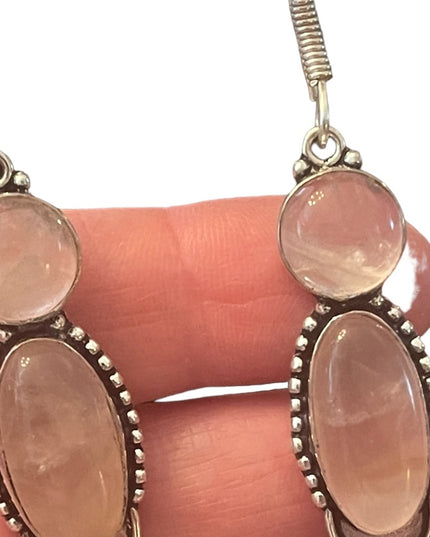 Fancy silver rose quartz stone Indonesian dangle earrings