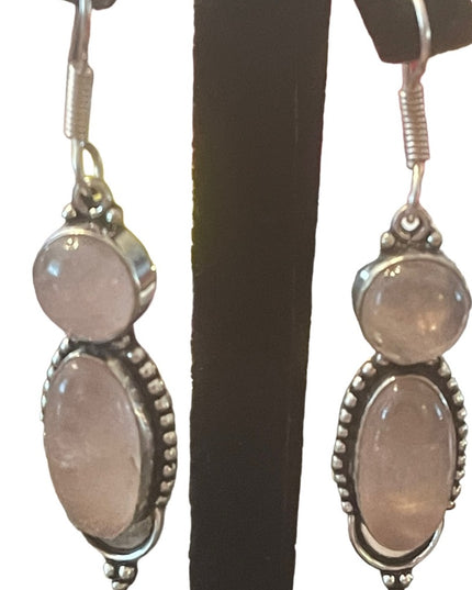 Fancy silver rose quartz stone Indonesian dangle earrings
