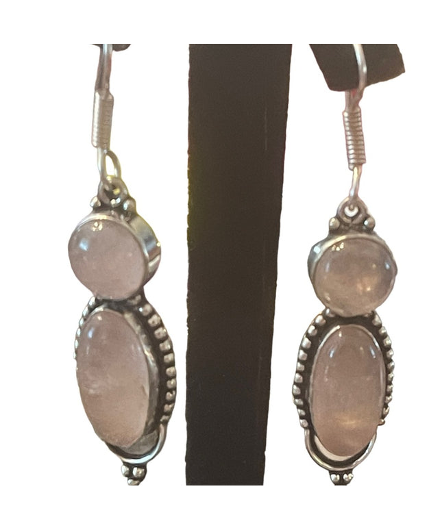 Fancy silver rose quartz stone Indonesian dangle earrings