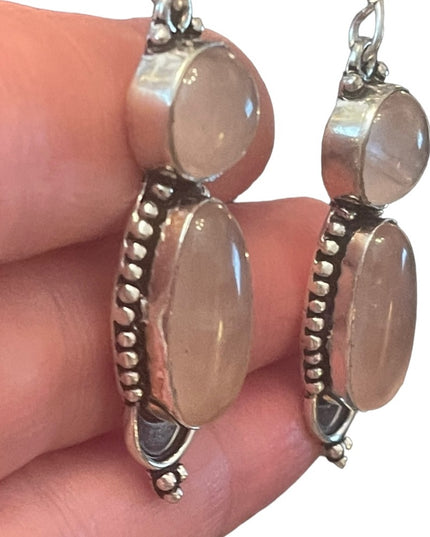 Fancy silver rose quartz stone Indonesian dangle earrings