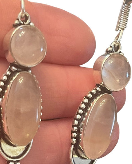 Fancy silver rose quartz stone Indonesian dangle earrings