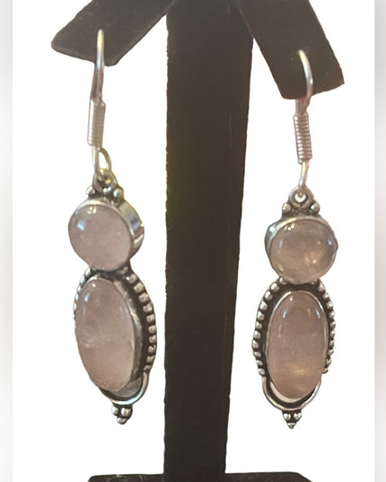 Fancy silver rose quartz stone Indonesian dangle earrings