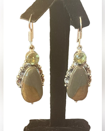 Silver finish Indonesian glass & stone dangle earrings