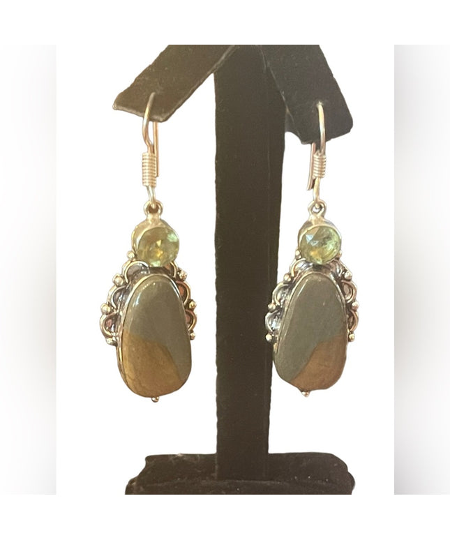 Silver finish Indonesian glass & stone dangle earrings